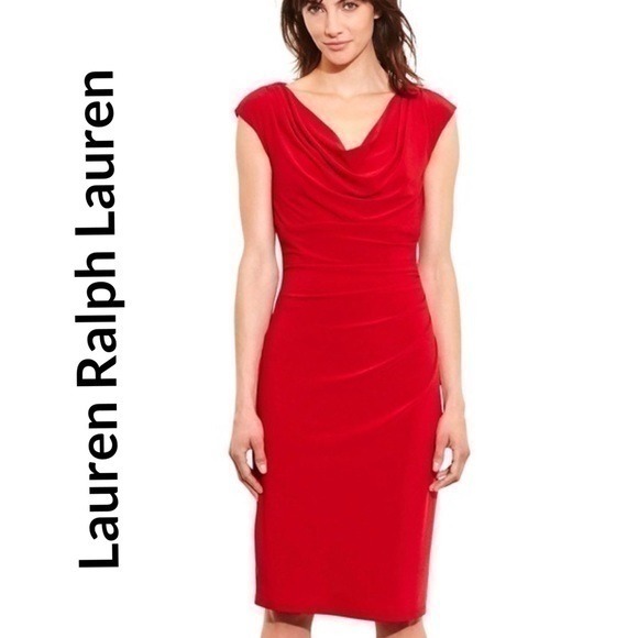 Lauren by Ralph Lauren Red Cap Sleeve Drape Neck Sheath Cocktail Dress Size 6 - Picture 13 of 13